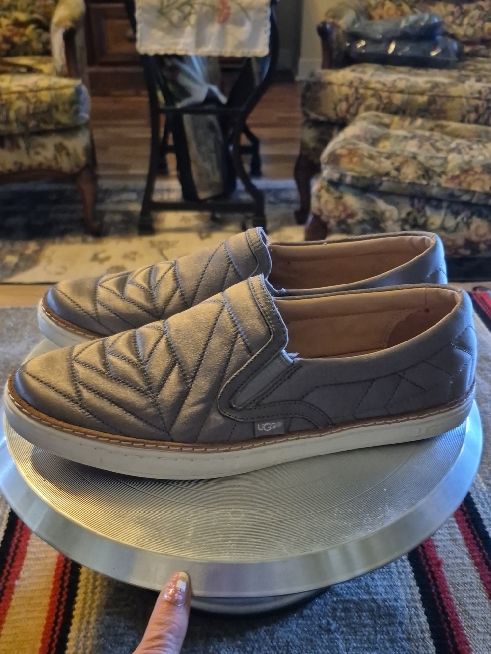 UGG "Soleda": Satin quilted slip-on sneakers. , Silver Grey color.EC(#1856S) - Picture 2 of 16